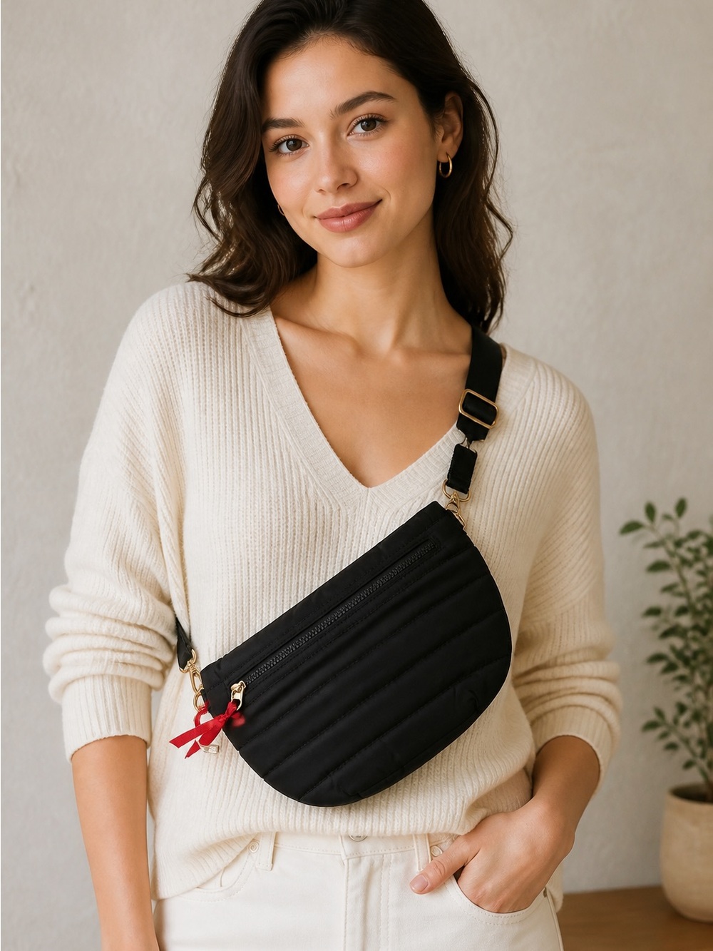 Black Quilted Crossbody Belt Bag - 2-Zip Hands-Free Style